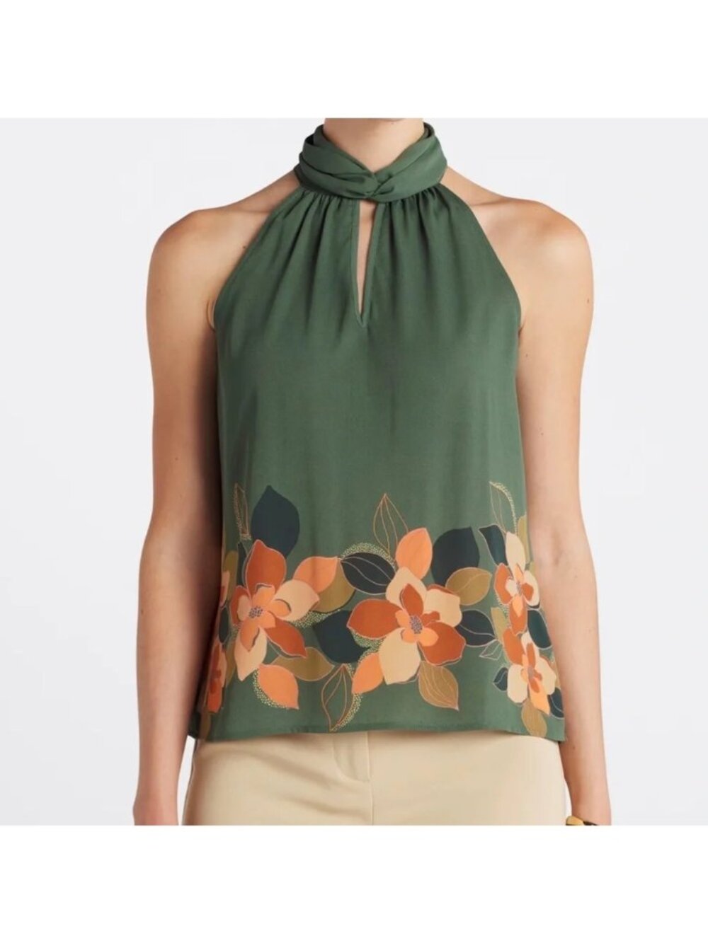 Les Serein Floral Sleeveless Green Paige Halter Blouse Size Medium